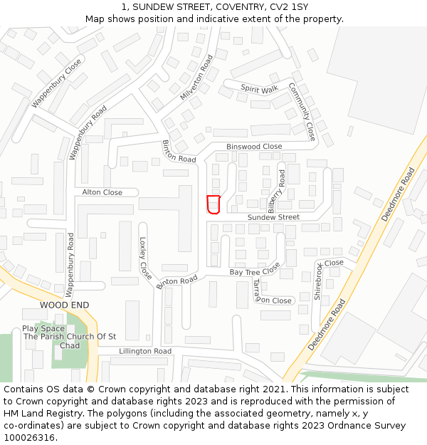1, SUNDEW STREET, COVENTRY, CV2 1SY: Location map and indicative extent of plot