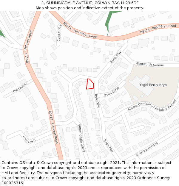 1, SUNNINGDALE AVENUE, COLWYN BAY, LL29 6DF: Location map and indicative extent of plot