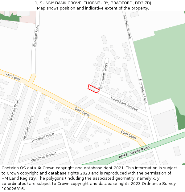 1, SUNNY BANK GROVE, THORNBURY, BRADFORD, BD3 7DJ: Location map and indicative extent of plot
