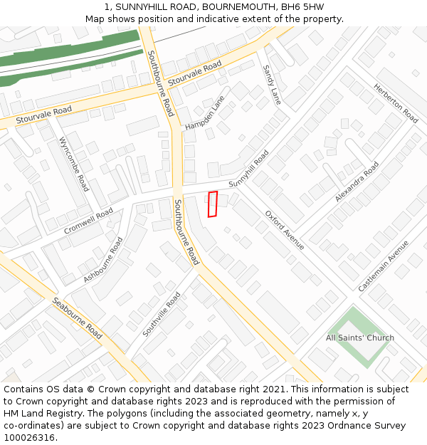 1, SUNNYHILL ROAD, BOURNEMOUTH, BH6 5HW: Location map and indicative extent of plot