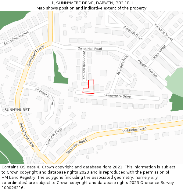 1, SUNNYMERE DRIVE, DARWEN, BB3 1RH: Location map and indicative extent of plot
