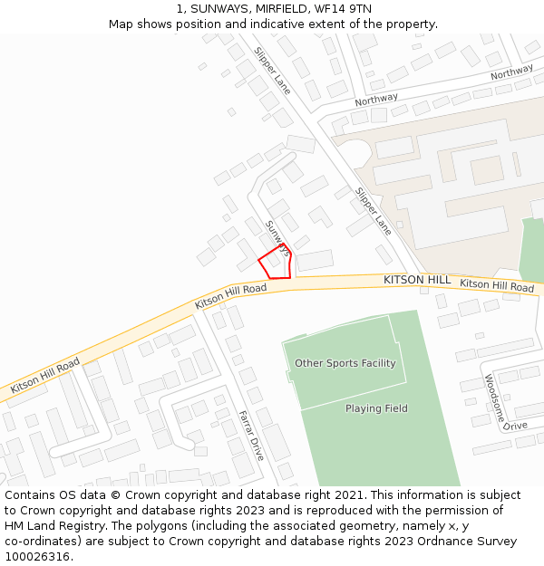 1, SUNWAYS, MIRFIELD, WF14 9TN: Location map and indicative extent of plot