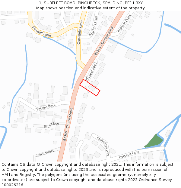 1, SURFLEET ROAD, PINCHBECK, SPALDING, PE11 3XY: Location map and indicative extent of plot