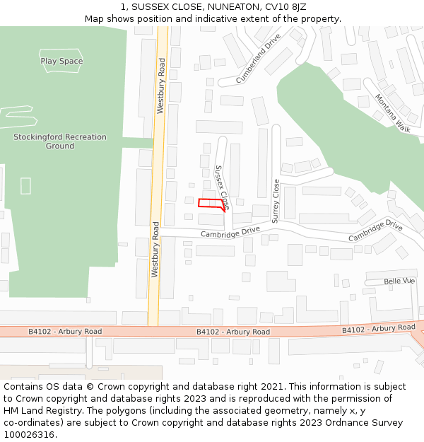 1, SUSSEX CLOSE, NUNEATON, CV10 8JZ: Location map and indicative extent of plot