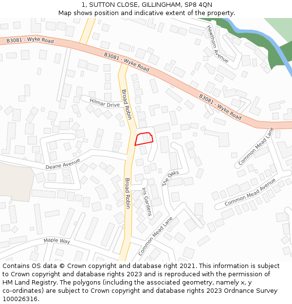 1, SUTTON CLOSE, GILLINGHAM, SP8 4QN: Location map and indicative extent of plot