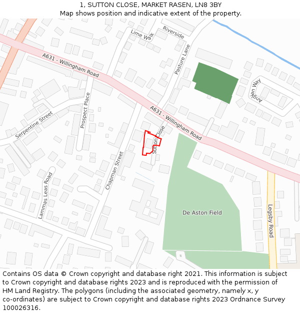 1, SUTTON CLOSE, MARKET RASEN, LN8 3BY: Location map and indicative extent of plot