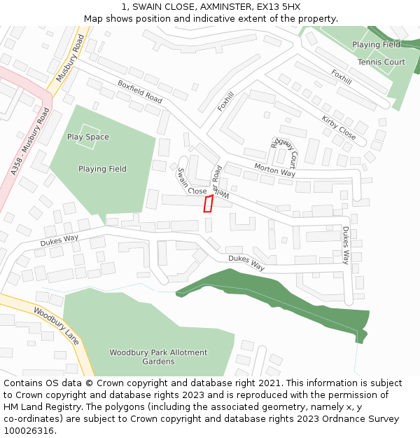 1, SWAIN CLOSE, AXMINSTER, EX13 5HX: Location map and indicative extent of plot