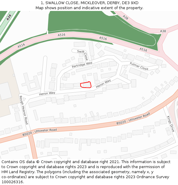1, SWALLOW CLOSE, MICKLEOVER, DERBY, DE3 9XD: Location map and indicative extent of plot