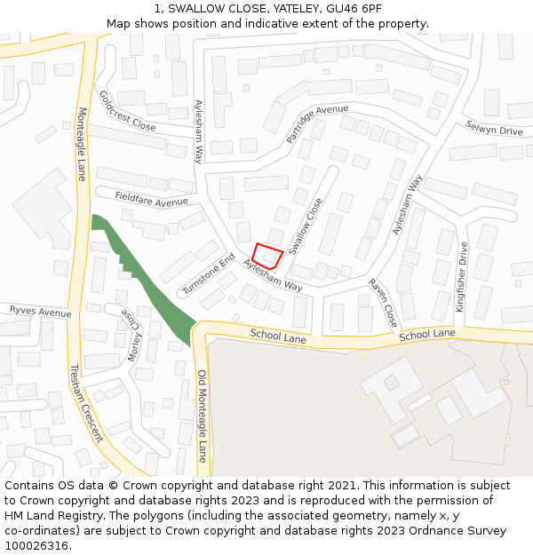 1, SWALLOW CLOSE, YATELEY, GU46 6PF: Location map and indicative extent of plot