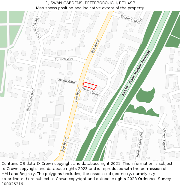 1, SWAN GARDENS, PETERBOROUGH, PE1 4SB: Location map and indicative extent of plot