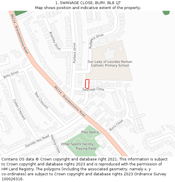 1, SWANAGE CLOSE, BURY, BL8 1JT: Location map and indicative extent of plot