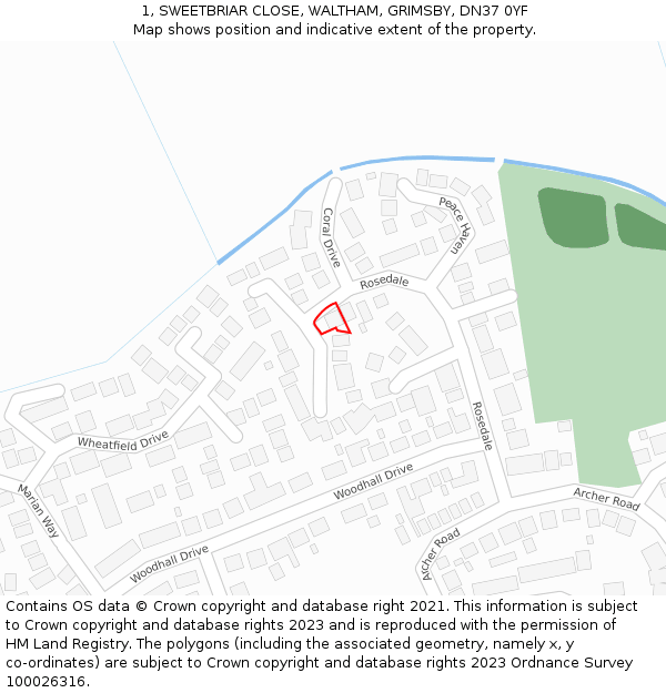 1, SWEETBRIAR CLOSE, WALTHAM, GRIMSBY, DN37 0YF: Location map and indicative extent of plot