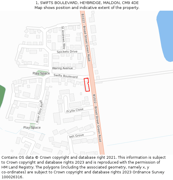 1, SWIFTS BOULEVARD, HEYBRIDGE, MALDON, CM9 4DE: Location map and indicative extent of plot