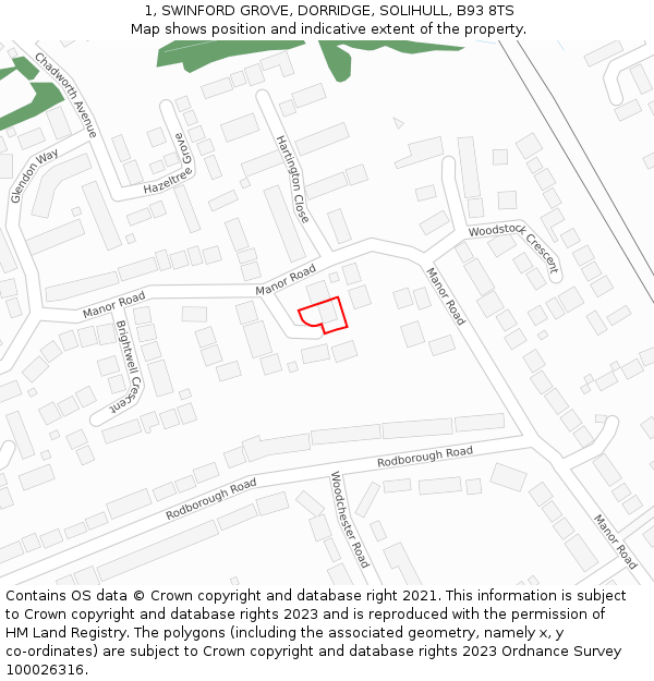 1, SWINFORD GROVE, DORRIDGE, SOLIHULL, B93 8TS: Location map and indicative extent of plot