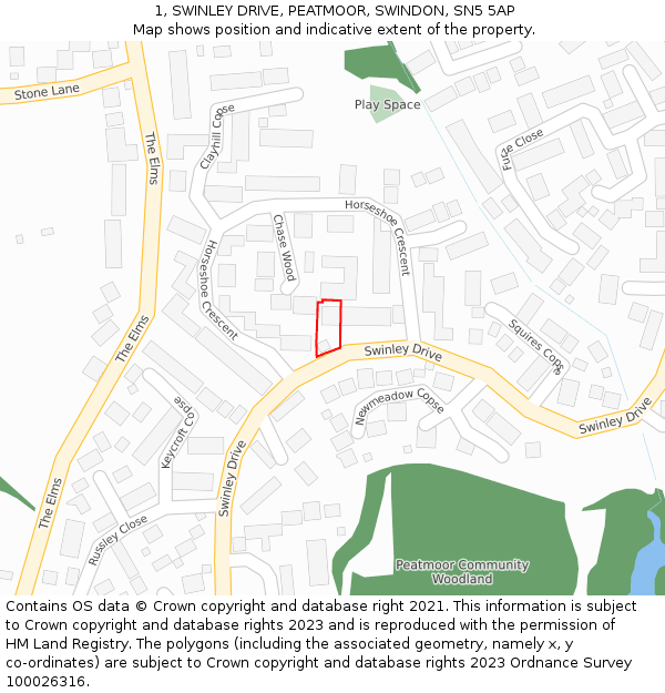 1, SWINLEY DRIVE, PEATMOOR, SWINDON, SN5 5AP: Location map and indicative extent of plot