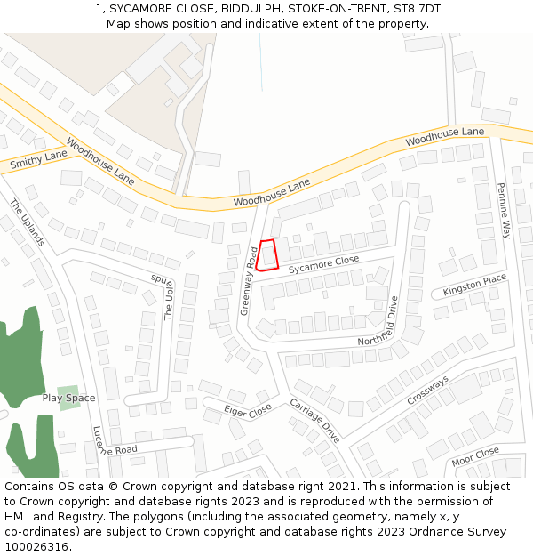 1, SYCAMORE CLOSE, BIDDULPH, STOKE-ON-TRENT, ST8 7DT: Location map and indicative extent of plot