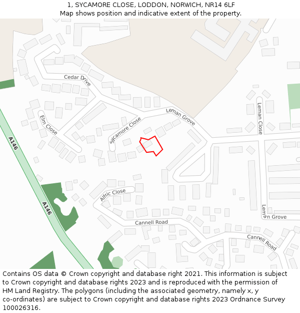 1, SYCAMORE CLOSE, LODDON, NORWICH, NR14 6LF: Location map and indicative extent of plot