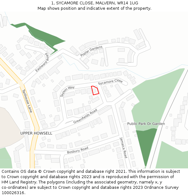 1, SYCAMORE CLOSE, MALVERN, WR14 1UG: Location map and indicative extent of plot