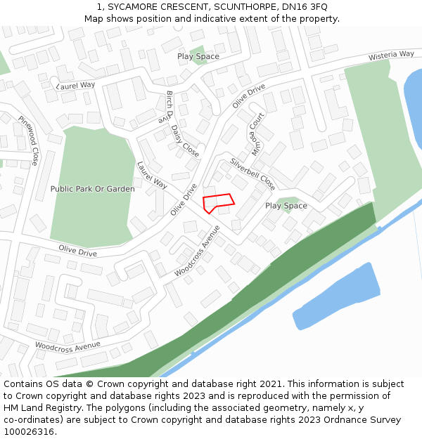 1, SYCAMORE CRESCENT, SCUNTHORPE, DN16 3FQ: Location map and indicative extent of plot