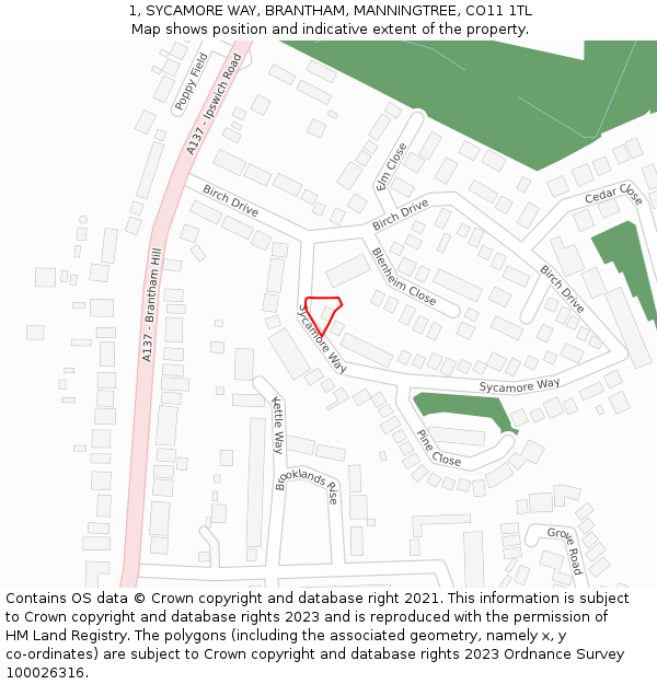 1, SYCAMORE WAY, BRANTHAM, MANNINGTREE, CO11 1TL: Location map and indicative extent of plot