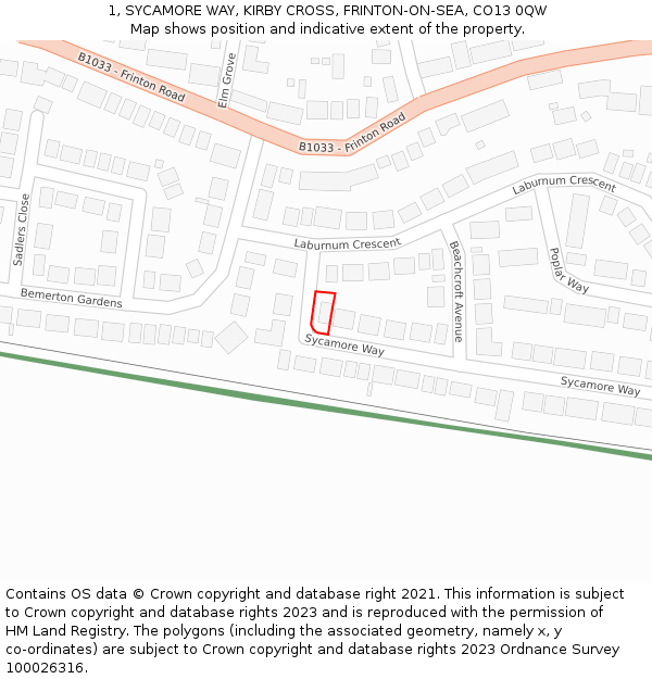 1, SYCAMORE WAY, KIRBY CROSS, FRINTON-ON-SEA, CO13 0QW: Location map and indicative extent of plot