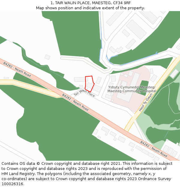 1, TAIR WAUN PLACE, MAESTEG, CF34 9RF: Location map and indicative extent of plot