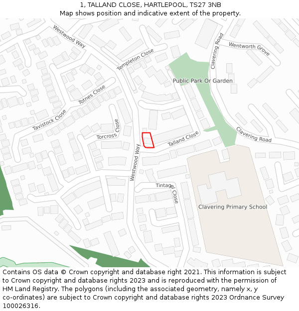 1, TALLAND CLOSE, HARTLEPOOL, TS27 3NB: Location map and indicative extent of plot