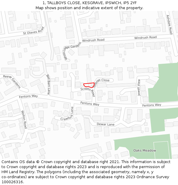 1, TALLBOYS CLOSE, KESGRAVE, IPSWICH, IP5 2YF: Location map and indicative extent of plot