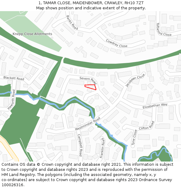 1, TAMAR CLOSE, MAIDENBOWER, CRAWLEY, RH10 7ZT: Location map and indicative extent of plot