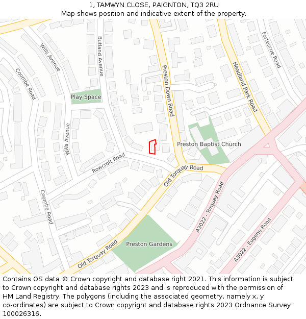 1, TAMWYN CLOSE, PAIGNTON, TQ3 2RU: Location map and indicative extent of plot