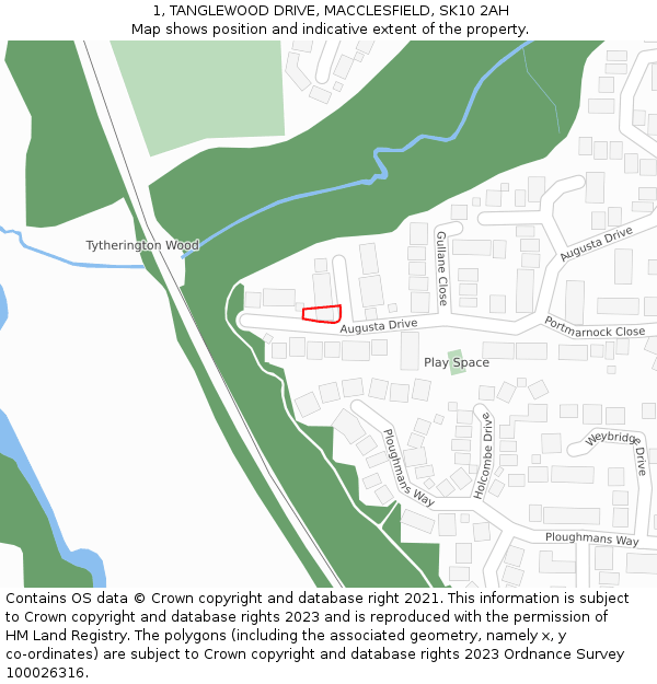 1, TANGLEWOOD DRIVE, MACCLESFIELD, SK10 2AH: Location map and indicative extent of plot