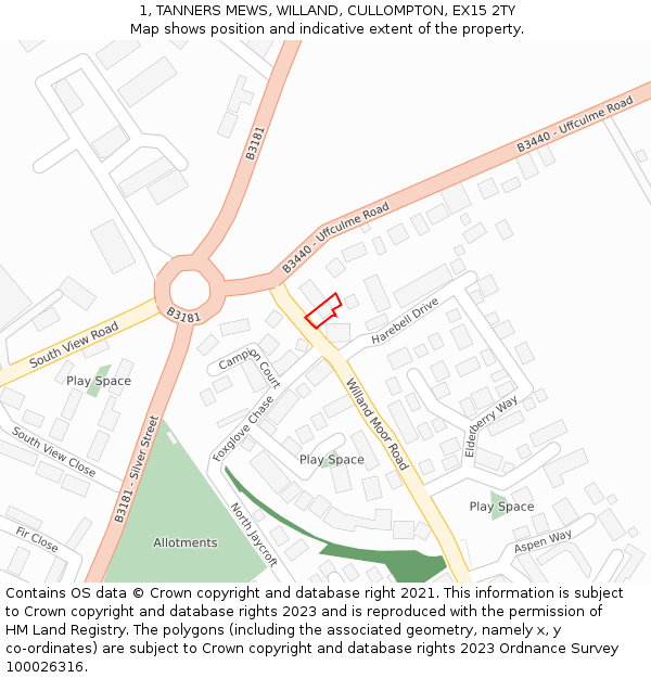 1, TANNERS MEWS, WILLAND, CULLOMPTON, EX15 2TY: Location map and indicative extent of plot