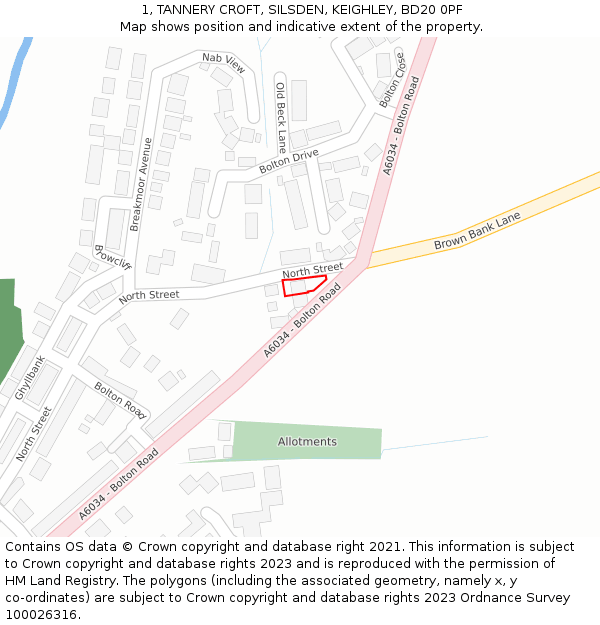 1, TANNERY CROFT, SILSDEN, KEIGHLEY, BD20 0PF: Location map and indicative extent of plot