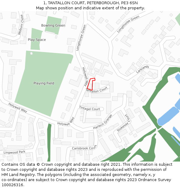 1, TANTALLON COURT, PETERBOROUGH, PE3 6SN: Location map and indicative extent of plot