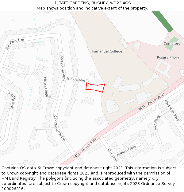 1, TATE GARDENS, BUSHEY, WD23 4GS: Location map and indicative extent of plot