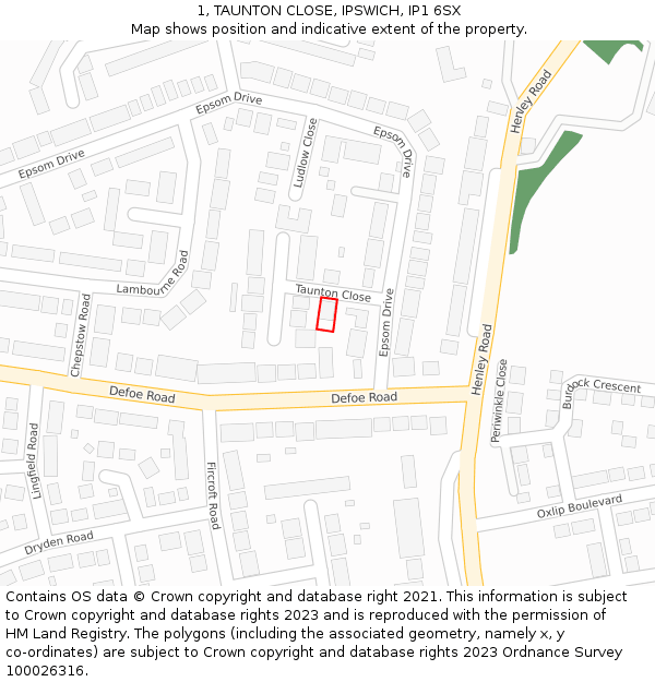 1, TAUNTON CLOSE, IPSWICH, IP1 6SX: Location map and indicative extent of plot
