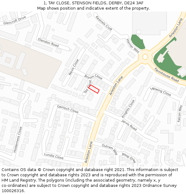 1, TAY CLOSE, STENSON FIELDS, DERBY, DE24 3AF: Location map and indicative extent of plot