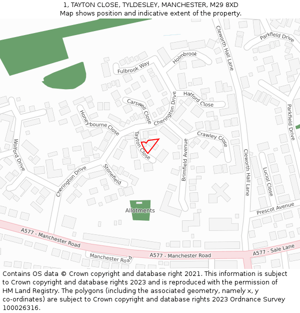 1, TAYTON CLOSE, TYLDESLEY, MANCHESTER, M29 8XD: Location map and indicative extent of plot