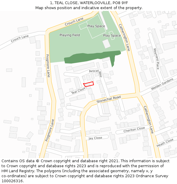 1, TEAL CLOSE, WATERLOOVILLE, PO8 9YF: Location map and indicative extent of plot