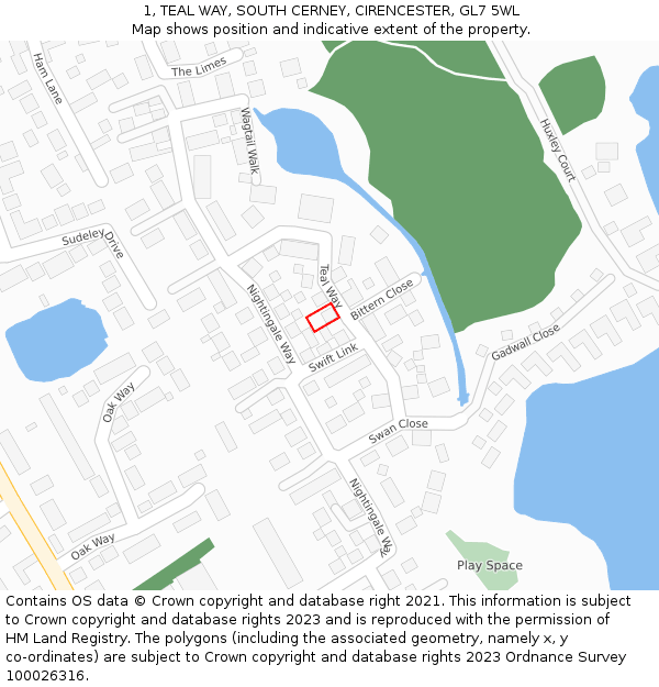 1, TEAL WAY, SOUTH CERNEY, CIRENCESTER, GL7 5WL: Location map and indicative extent of plot