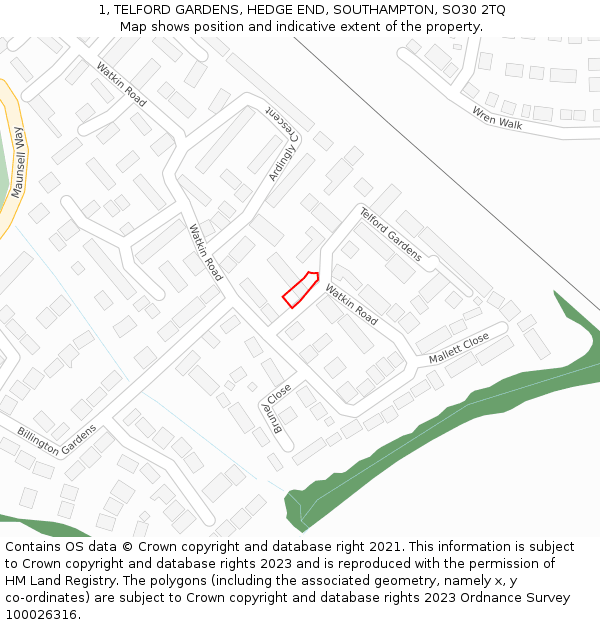 1, TELFORD GARDENS, HEDGE END, SOUTHAMPTON, SO30 2TQ: Location map and indicative extent of plot