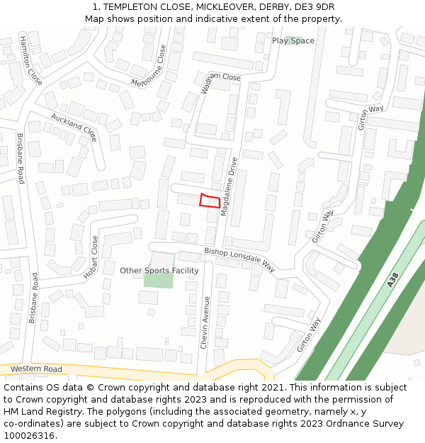 1, TEMPLETON CLOSE, MICKLEOVER, DERBY, DE3 9DR: Location map and indicative extent of plot