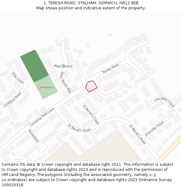 1, TERESA ROAD, STALHAM, NORWICH, NR12 9EB: Location map and indicative extent of plot