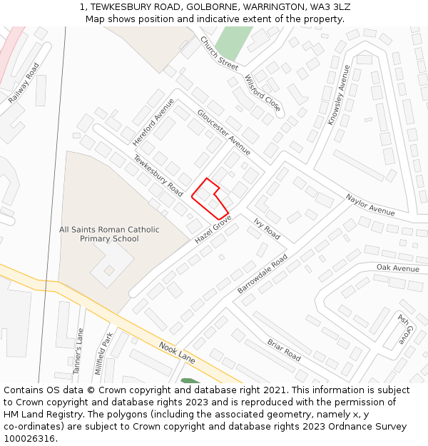 1, TEWKESBURY ROAD, GOLBORNE, WARRINGTON, WA3 3LZ: Location map and indicative extent of plot