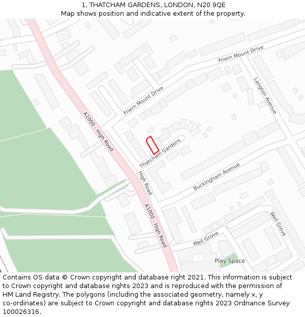 1, THATCHAM GARDENS, LONDON, N20 9QE: Location map and indicative extent of plot
