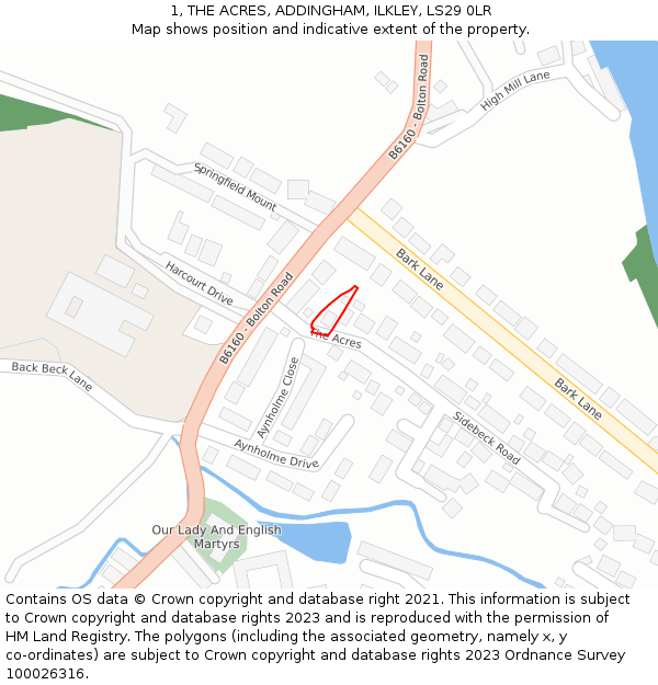 1, THE ACRES, ADDINGHAM, ILKLEY, LS29 0LR: Location map and indicative extent of plot