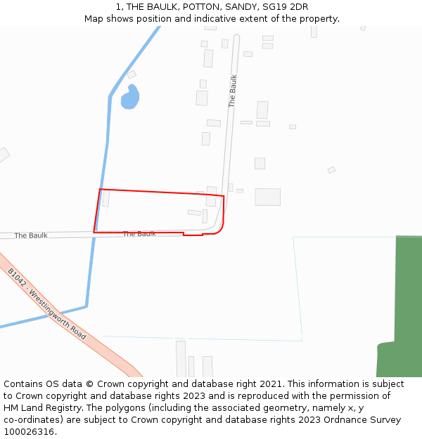 1, THE BAULK, POTTON, SANDY, SG19 2DR: Location map and indicative extent of plot