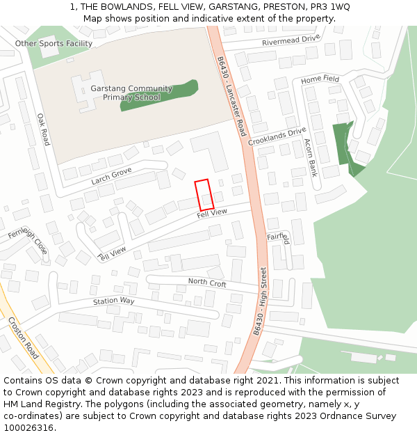 1, THE BOWLANDS, FELL VIEW, GARSTANG, PRESTON, PR3 1WQ: Location map and indicative extent of plot