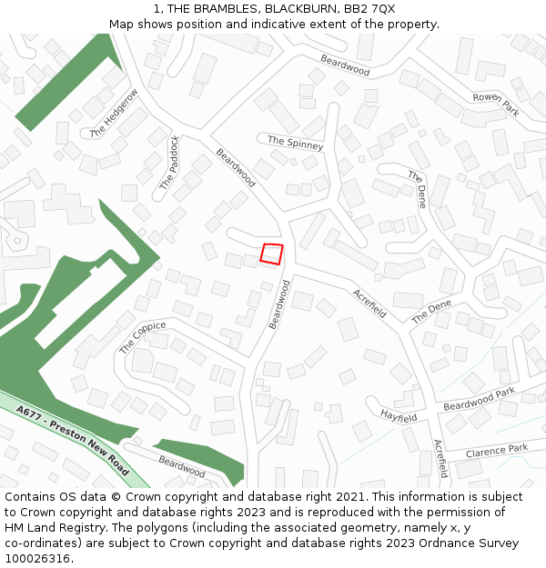 1, THE BRAMBLES, BLACKBURN, BB2 7QX: Location map and indicative extent of plot