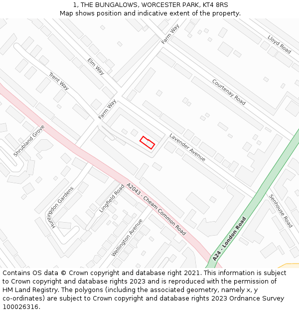 1, THE BUNGALOWS, WORCESTER PARK, KT4 8RS: Location map and indicative extent of plot